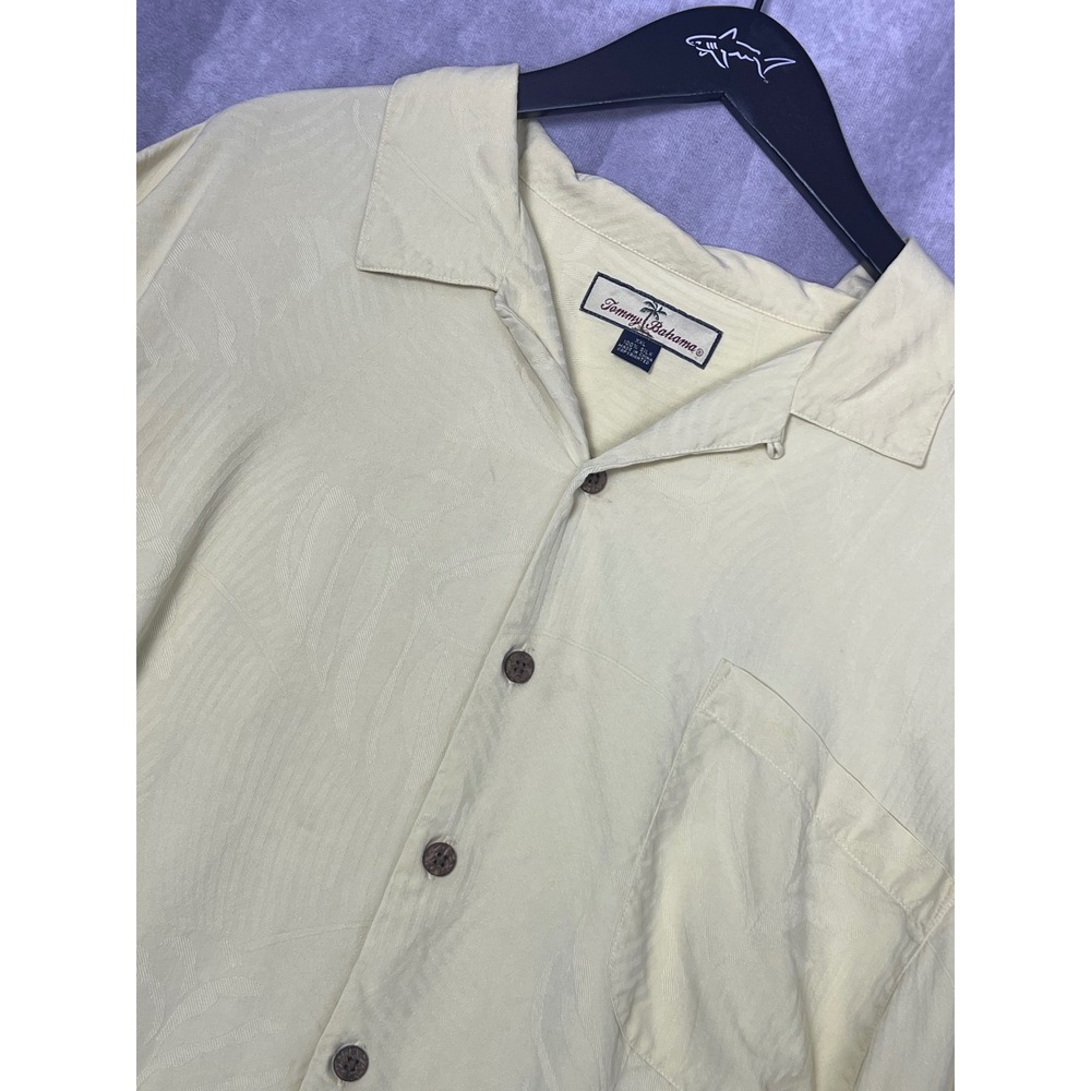 Tommy Bahama Silk Men XXL Shirt Creamy Yellow Tropical Jacquard Button Up‎
